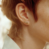 Close-up of a model wearing handcrafted 18k recycled gold studs, showcasing sustainable jewelry designed in Basel, Switzerland.