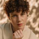 Model showcasing AGAPI 18k recycled gold ring, handcrafted in Basel, Switzerland, with a natural shiny finish.