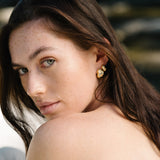 Model showcasing CLOUD earrings made of recycled silver and gold, highlighting ethical jewelry and sustainable materials.