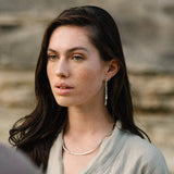 Model wearing MURMUR earrings made of recycled silver, showcasing sustainable, ethical jewelry with a handmade touch.