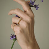 Hand wearing handcrafted 18k recycled gold rings, holding a flower, in Basel Switzerland.