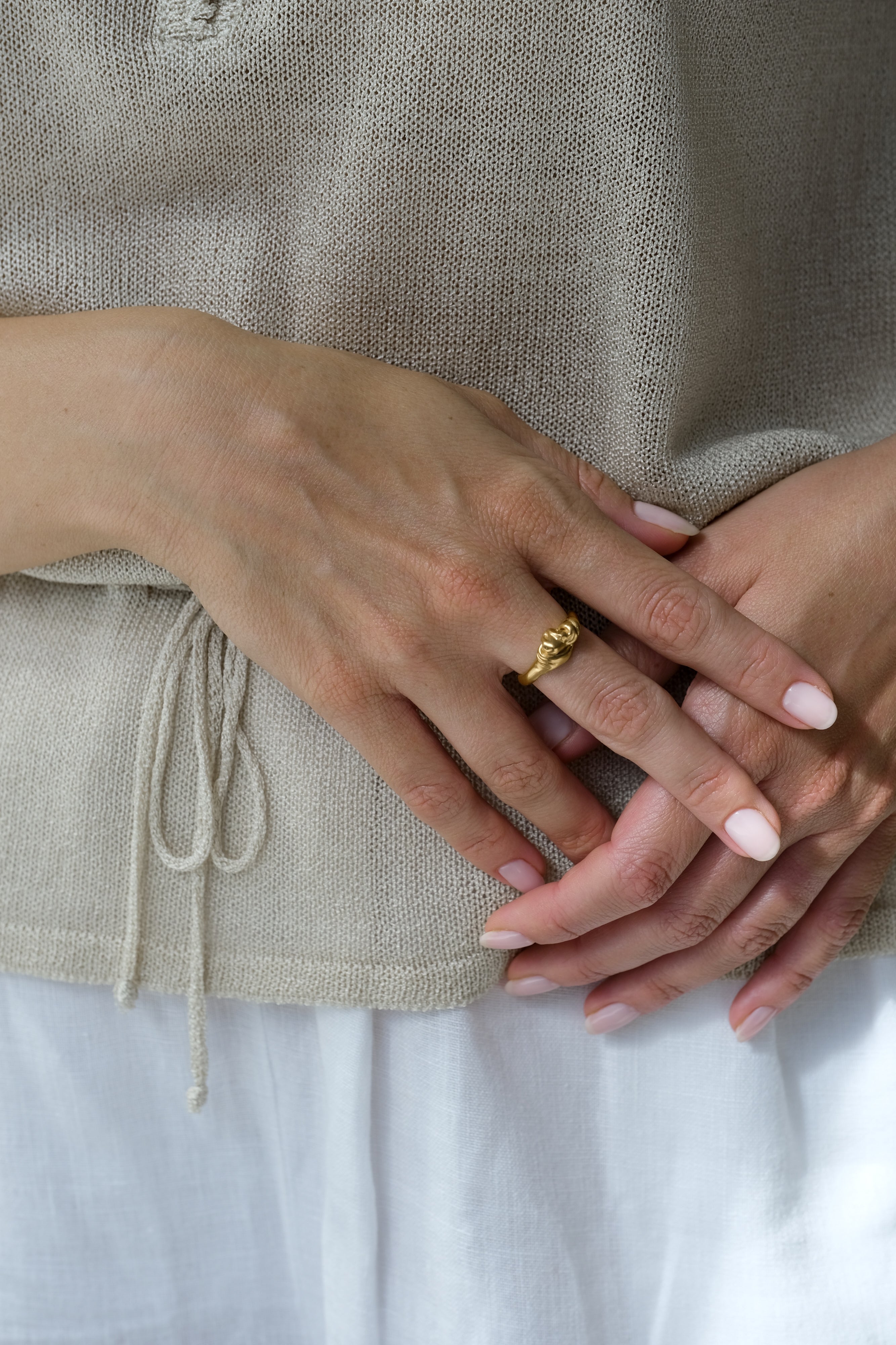 Handmade DROP 04 ring in 18k gold-plated recycled silver, showcasing ethical and sustainable jewelry.