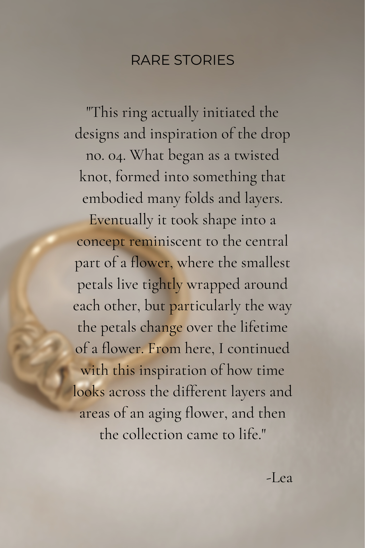 Inspirational quote about the design of DROP 04 ring, featuring sustainable and unique jewelry craftsmanship.