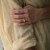 Hand wearing DROP 03 ring five, showcasing unique design in sustainable 925 recycled silver, handmade in Basel, Switzerland.