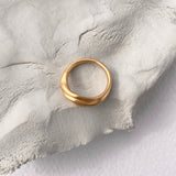 YERERA small ring in 18k gold-plated brass on textured surface, showcasing ethical handmade sustainable jewelry.